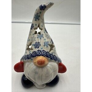 Boleslawiec Polish Pottery Gnome Snowflakes Tea Light Luminary Unikat Kalich Blu